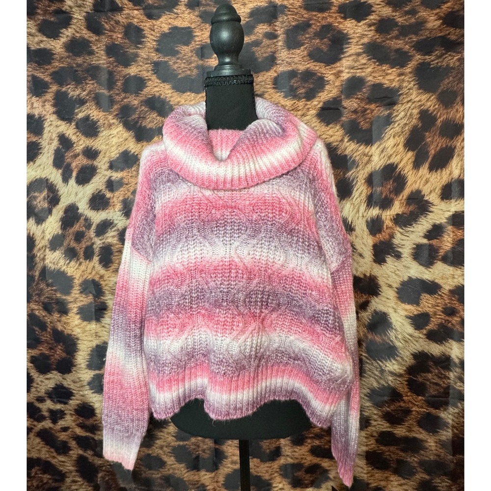 Striped Ombre Oversized Cable Knit Cowl Neck Sweater